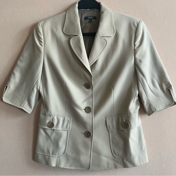 Zanella Blazer Short Sleeve Tan Button Front Career Jacket size 6‎ with Pockets - Picture 1 of 13